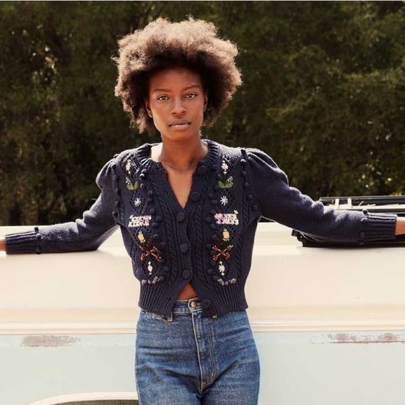 💋SOLD💋✨💙DÔEN ‘Forget Me Not’ Embroidered Cable Knit Cardigan Sweater Navy XS - Picture 5 of 14